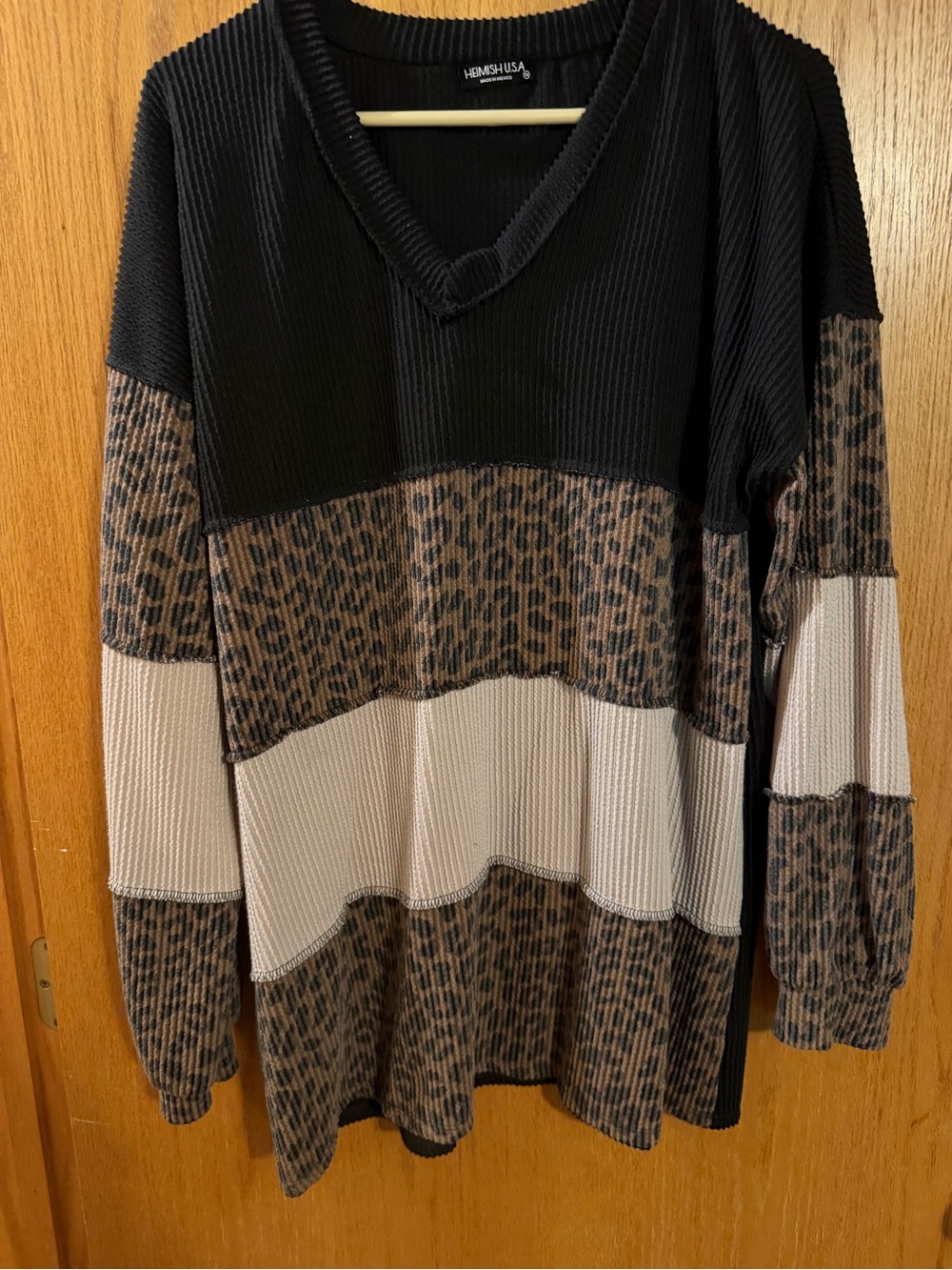 HEIMISH USA Colorblock Leopard V-Neck Tunic Sweater - Black, Brown, Cream